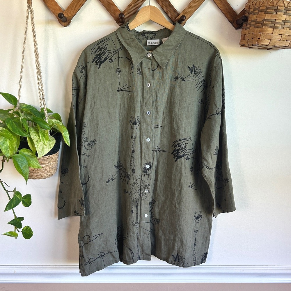Vintage Chicos 100% Linen Safari Animal Sketch Print Tunic Shirt Olive Green